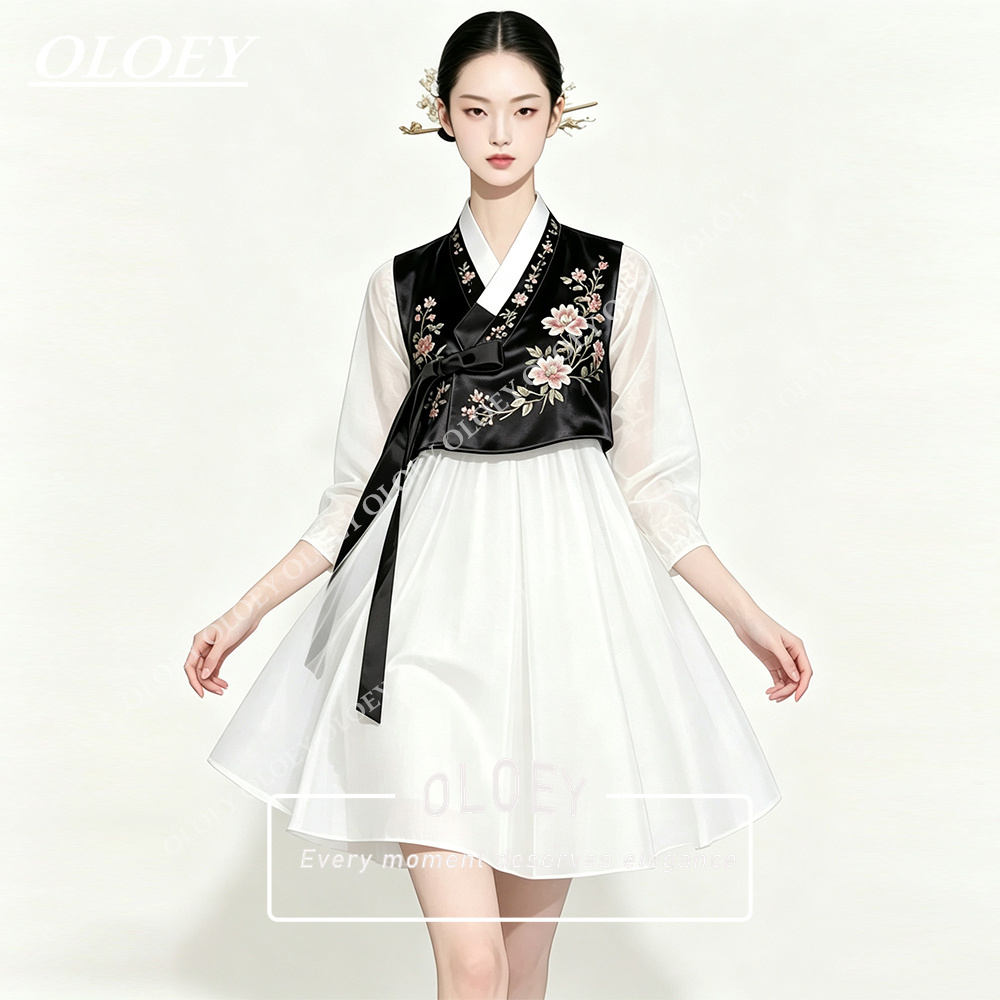 Hanbok Modern Set - OLOEY Stylowy Czarny Satynowy Zestaw Hanbok